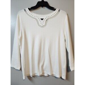 Rafaella Women’s XL Top Cotton white 3/4 Sleeve Key Hole Neck Metal Studs